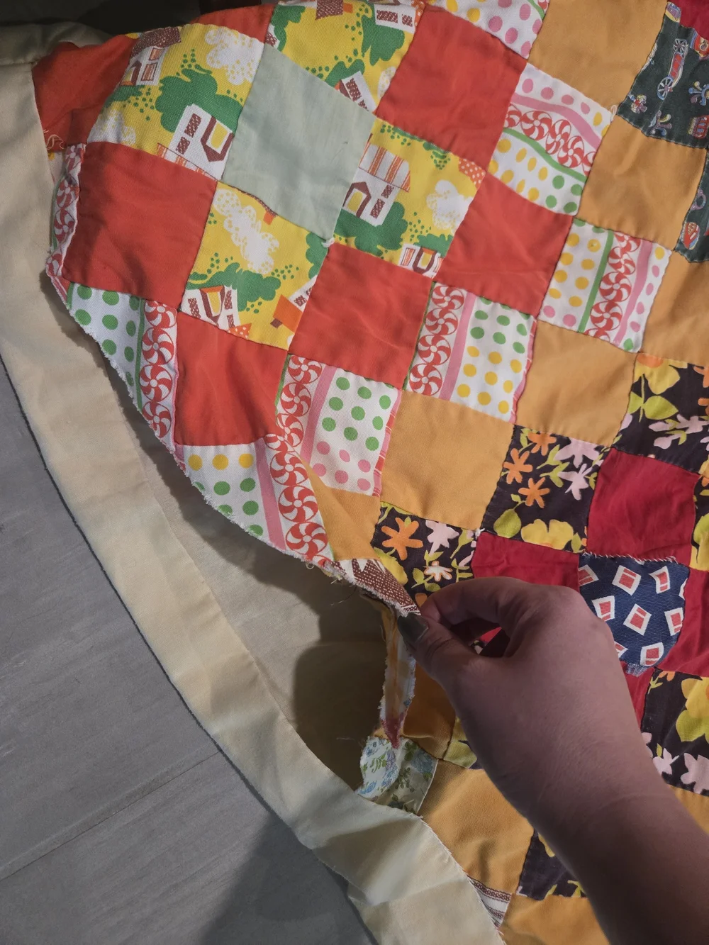 handmade patchwork quilt features a vibrant 
